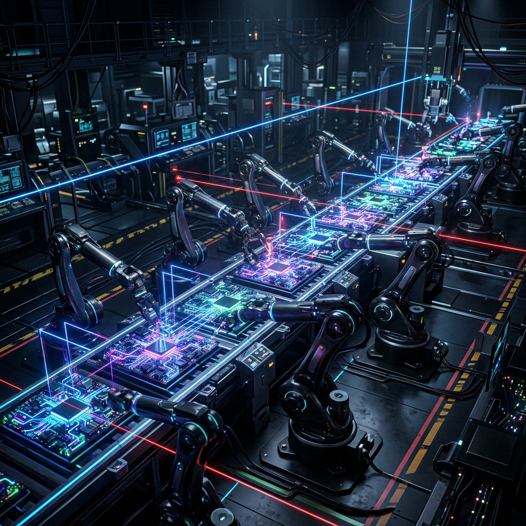 Futuristic cybernetic hardware factory automation visual